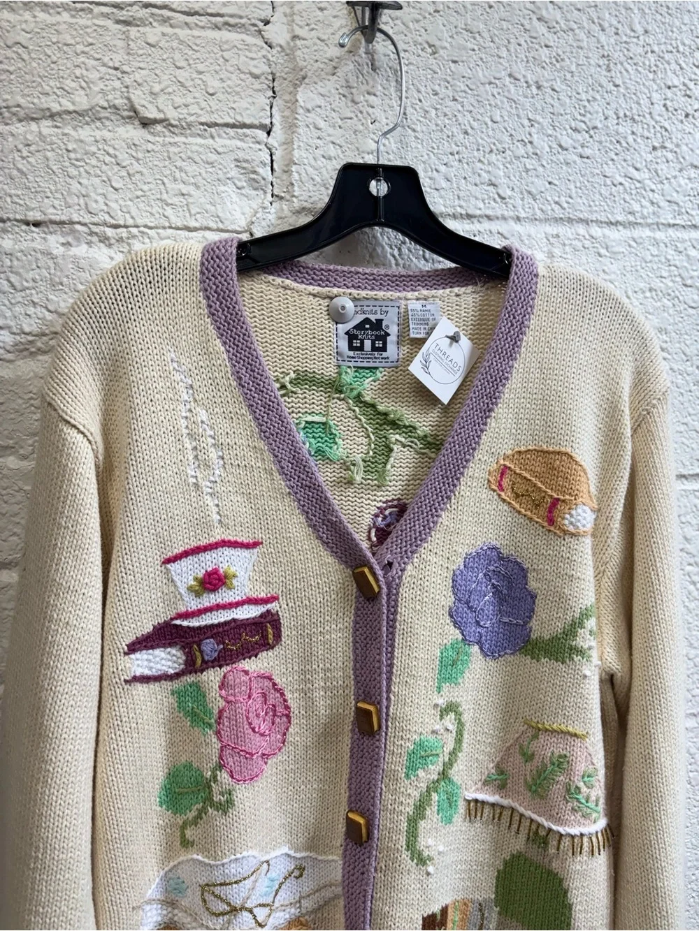 Vintage Storybook Knits Cream Reading Cardigan with Lavender Trim